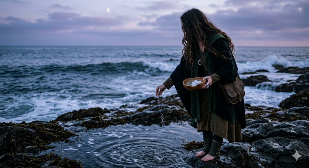 A witch standing on dark, rocky coastal cliffs at twilight, sprinkling salt into a tide pool while the ocean crashes in the background.