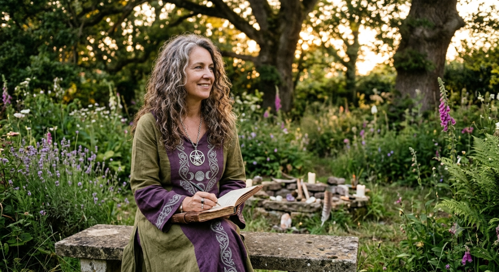 A woman with long wavy hair wearing a purple and green tunic with a pentacle necklace, sitting on a stone bench in a lush garden while writing in a journal.