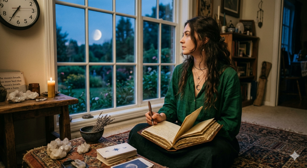 A woman sitting on a rug by a window at dusk, writing in an open journal with crystals, tarot cards, and a lit candle on a small wooden table beside her, observing the moon outside.