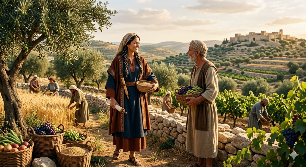 An ancient Middle Eastern agricultural landscape where a beautiful woman in a blue tunic and brown cloak, representing the Biblical Judith, smiles while interacting with workers harvesting grapes and grain on a sunlit hillside estate.
