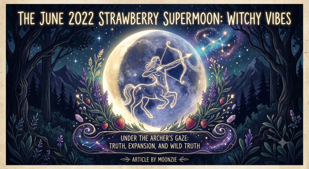 A mystical illustration of a Sagittarius centaur archer glowing in front of a large, bright full supermoon, framed by lavender sprigs and wild strawberries in a dark, magical forest setting.