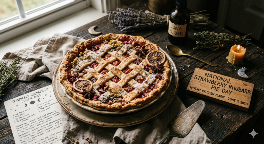 A rustic, witchy-themed photograph of a freshly baked strawberry rhubarb pie on a dark wooden table, surrounded by dried herbs, a candle, and a handwritten recipe card, with a wooden sign reading "National Strawberry Rhubarb Pie Day - June 9, 2023."