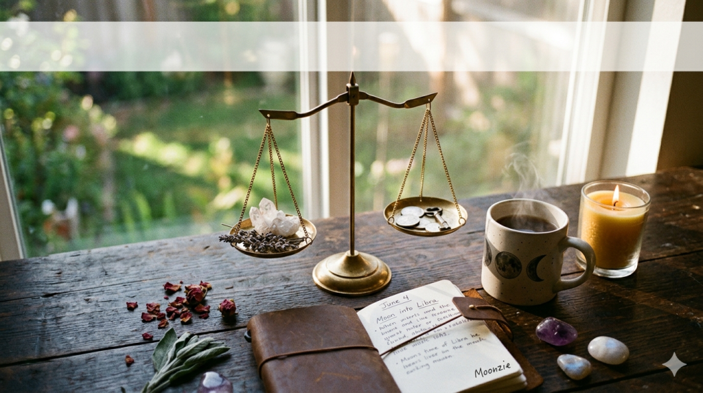 A rustic wooden desk sits before a bright window, holding a set of brass balance scales, a journal open to a page dated June 4, a steaming mug, a lit candle, and various crystals and dried herbs.