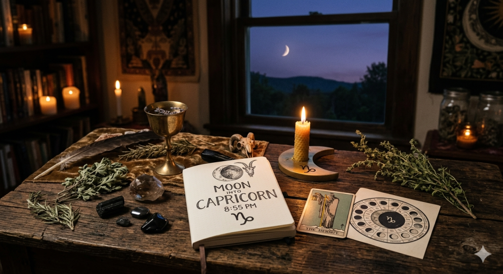 As the moon shifts into the grounded energy of Capricorn at 8:55 PM, prepare your space for intention-setting and quiet reflection.
