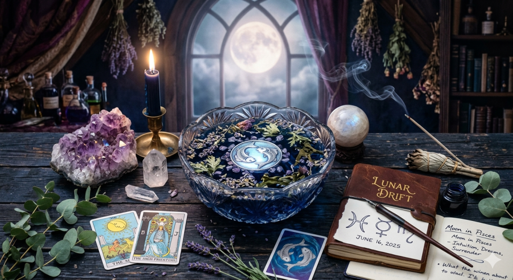 A mystical altar setup on a dark wooden table featuring a central crystal bowl filled with water, floating petals, and a silver Pisces symbol, flanked by a large amethyst cluster, a burning candle, tarot cards, and a leather-bound journal titled "Lunar Drift" open to an entry dated June 16, 2025, all set against a window showing a full moon.