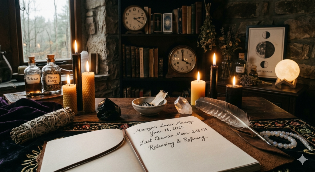 A cozy, witchy desk scene featuring an open journal with handwritten text about the Last Quarter Moon, surrounded by candles, crystals, a feather quill, a sage bundle, and a Moon phase chart, all set against a bookshelf background.