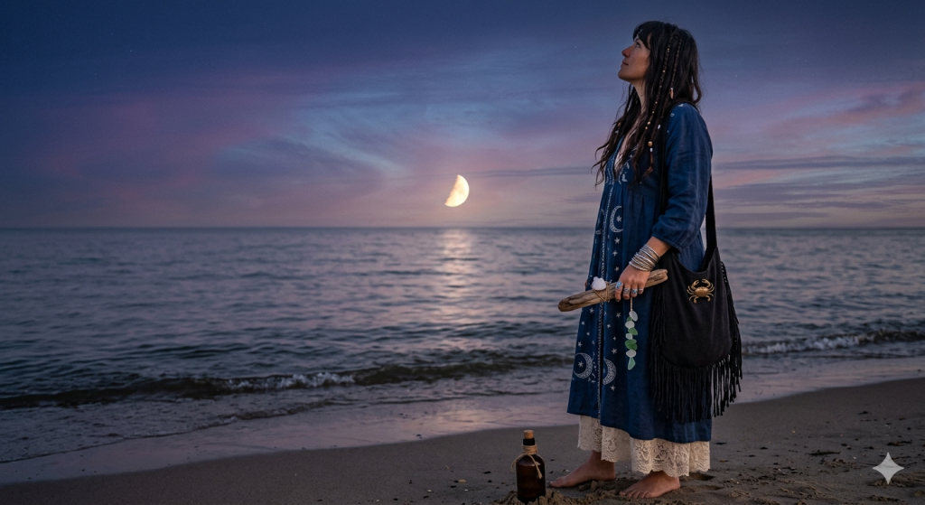 A woman standing on a beach at dusk, wearing a dark blue dress with moon patterns, looking up at a crescent moon over the water, holding a drift-wood wand with a crab charm, with a vintage glass bottle resting on the sand.