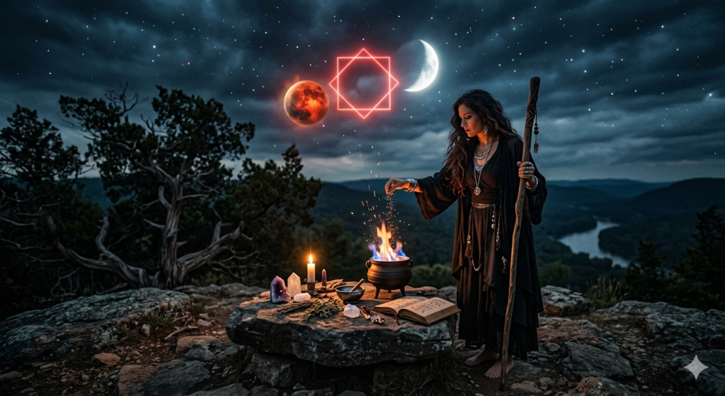 A witch in dark robes stands on a rocky cliff at midnight, casting herbs into a smoking cauldron on a stone altar. Above her in the starry night sky, a glowing red Mars and a crescent moon are connected by a glowing red geometric square symbol.