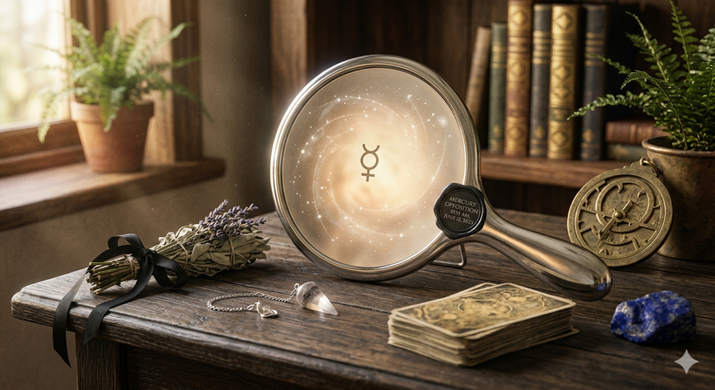 A silver hand mirror sits on a wooden desk, reflecting a glowing nebula and the Mercury symbol, surrounded by a sage bundle, a crystal pendulum, a stack of tarot cards, an astrolabe, and books.