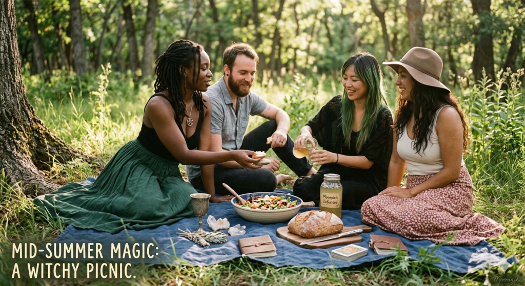 A group of four friends enjoying a magical, witchy-themed picnic in a sun-dappled forest, featuring a bowl of fresh salad, homemade bread, and herbal infusions on a blue blanket.