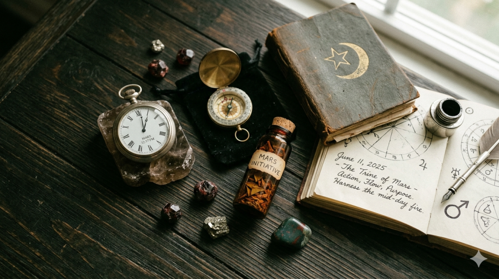 A mystical workspace featuring a vintage pocket watch set to 12:57 PM, a compass, a handwritten journal open to a page dated June 11, 2025, crystals, and a small glass vial labeled "Mars Initiative" resting on a dark wooden table.