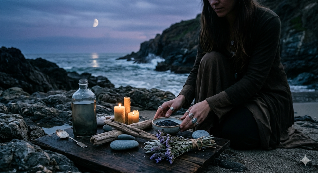 A witch kneeling on a rocky beach at twilight, preparing a ritual with candles, a bowl of sea salt, and botanical bundles, with a crescent moon over the ocean in the background.