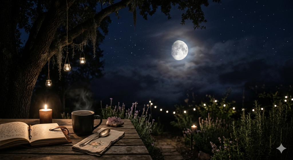 A nighttime scene on a wooden garden table featuring an open journal, a steaming mug, a crystal, and a vintage spoon, set against a backdrop of a glowing Waxing Gibbous moon, hanging lanterns, and a moonlit lavender garden.