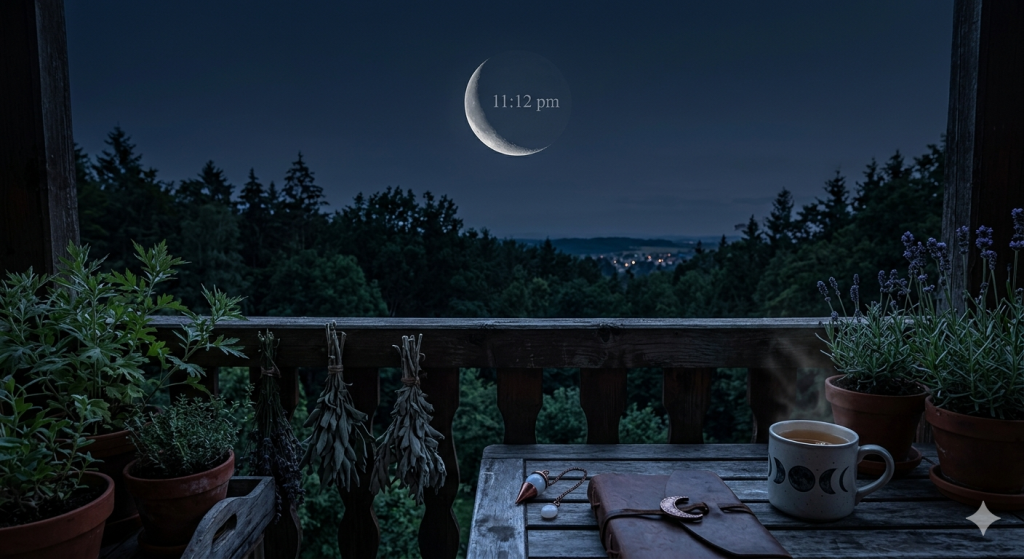 A wooden balcony at night overlooking a dark forest under a Waning Crescent moon, with a steaming mug, a leather-bound journal, and hanging dried herbs on the railing.