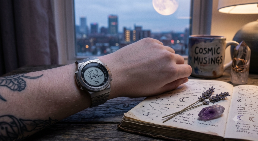 A close-up view of a wrist wearing a metallic watch displaying "JUN 16" and "4:44 PM" with an Aquarius symbol, resting on a wooden desk next to an open journal, a crystal, sprigs of lavender, and a mug labeled "COSMIC MUSINGS".