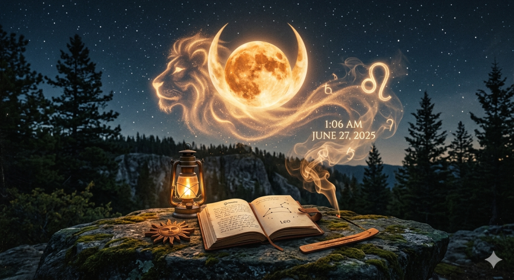 A mystical scene at night with a glowing, ethereal lion silhouette formed by smoke above a full moon, set over a rocky cliff with a lantern and an open book about the Leo zodiac sign.