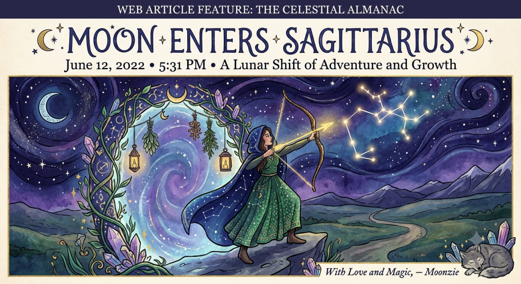 A witchy, watercolor-style illustration of a person in a hooded green cloak standing on a rocky cliff, aiming a bow and arrow toward the Sagittarius constellation in a starry night sky. The scene is framed by a swirling magical portal decorated with hanging lanterns, crystals, and greenery, with a small wolf resting in the bottom right corner.