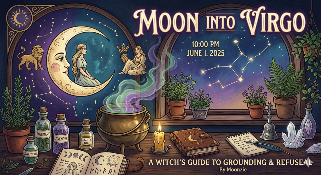 A cozy, witchy desk scene illustrating the Moon moving into Virgo, featuring a steaming cauldron, herbs, crystals, a journal, and a window displaying the Virgo constellation.
