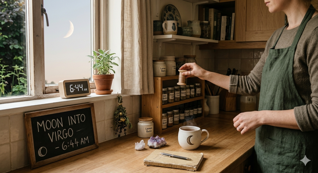 A cozy kitchen scene with a person in a green apron organizing herbs on a shelf. A chalkboard on the windowsill reads "Moon into Virgo - 6:44 AM," and a crescent moon is visible through the window.