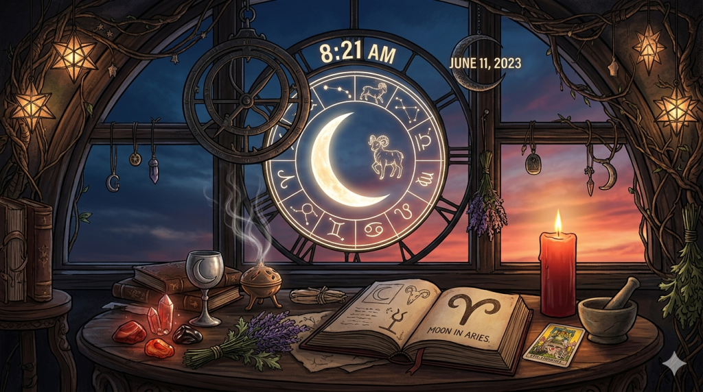 A mystical desk setup featuring an open book labeled "Moon in Aries," a burning red candle, crystals, and a celestial clock window view showing 8:21 AM on June 11, 2023.