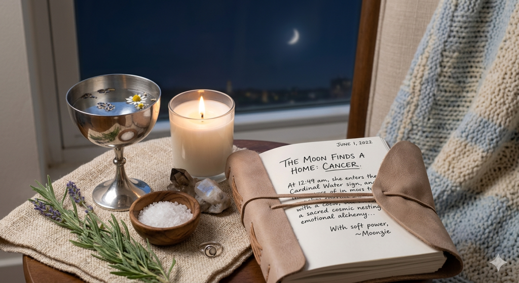 A cozy, witchy setup on a wooden table featuring a lit candle, a silver chalice with water and flowers, a small bowl of salt, crystals, and a leather-bound journal open to a page titled "The Moon Finds a Home: Cancer," all set against a night-time window view with a crescent moon.