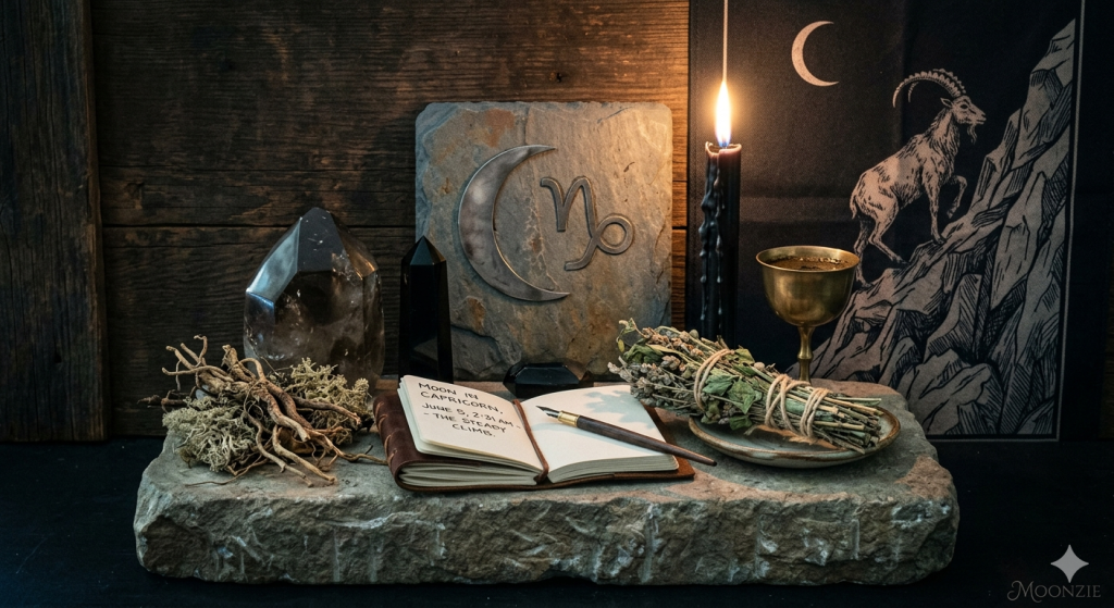 A dark, witchy altar arrangement set on a stone slab, featuring a Capricorn zodiac symbol on stone, a lit black candle, crystals, a bundle of dried herbs, and an open notebook with "Moon in Capricorn, June 5, 2:31 AM - The Steady Climb" written inside.