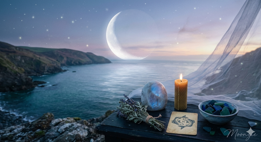 A mystical, witchy scene at twilight featuring a crescent moon over a calm ocean, a wooden table with a candle, a bundle of dried herbs, a crystal, a small bowl of sea glass, and a tarot card depicting the Pisces zodiac symbol.