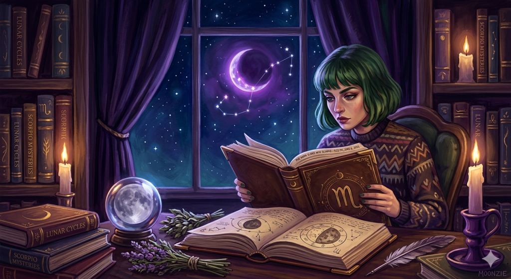 A young witch with green hair sitting in a dimly lit, cozy room at night, reading a grimoire about Scorpio while the Scorpio constellation glows in the window behind her.