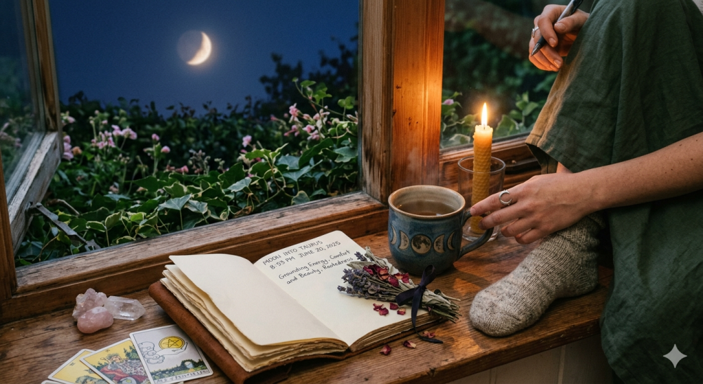 A cozy scene at a wooden window sill at night, featuring an open journal with handwritten notes about the Moon in Taurus, a mug of tea, a beeswax candle, dried lavender, and tarot cards, all set against a backdrop of the night sky and greenery.
