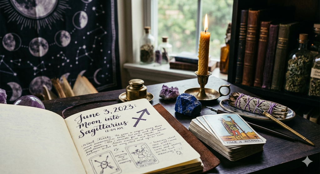 A cozy witchy desk setup featuring an open journal with handwritten notes about the Moon entering Sagittarius on June 3, 2023, surrounded by tarot cards, a burning beeswax candle, crystals, and a smudge stick.