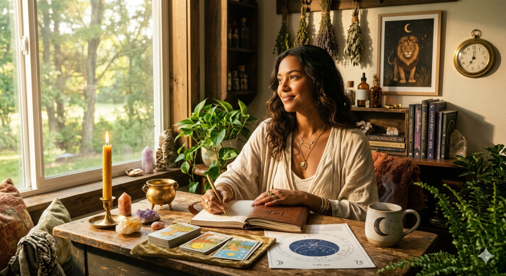A woman with wavy hair writing in a leather-bound journal at a wooden desk by a sunny window, surrounded by witchy decor, crystals, tarot cards, a steaming mug, and a print of a lion on the wall.