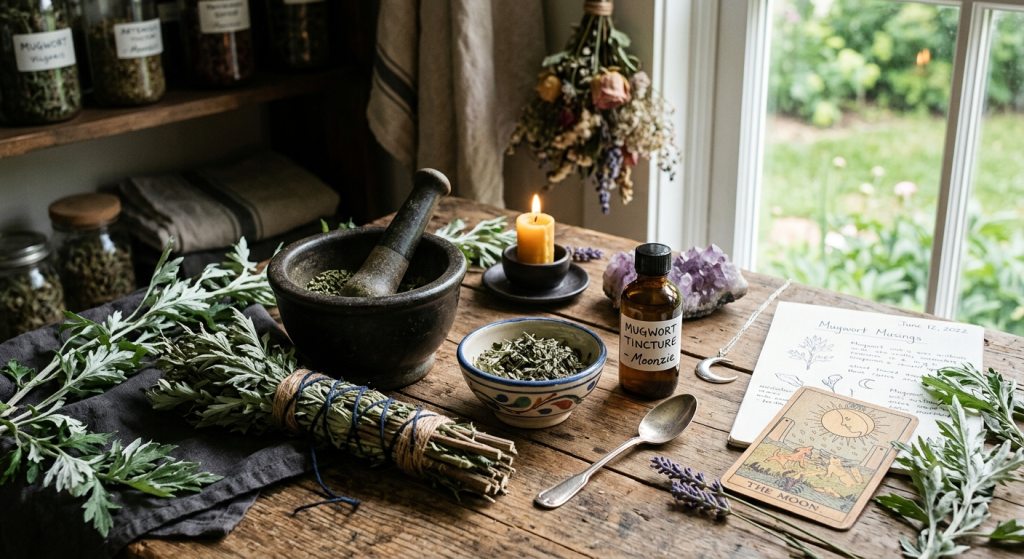 A rustic wooden table setup featuring a bundle of fresh, silver-green mugwort, a stone mortar and pestle, a small bowl of dried herbs, a burning yellow candle, a bottle labeled "Mugwort Tincture - Moonzie," a tarot card of "The Moon," and a handwritten journal page dated June 12, 2022.