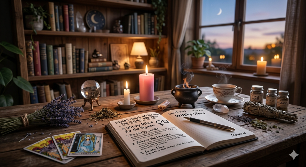A wooden desk setup for a ritual, featuring an open journal with the heading "Square Venus: Navigating the Cosmic Friction," surrounded by a pink candle, a small steaming cauldron, tarot cards, lavender, crystals, and jars labeled with mystical themes, set against a background of a bookshelf and a twilight window view.