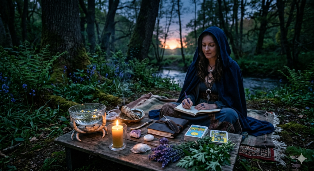 A woman in a blue hooded cloak sits on a blanket in a forest at dawn, writing in a journal next to a wooden table holding a bowl of water, a burning candle, tarot cards, lavender, and a crab figurine.