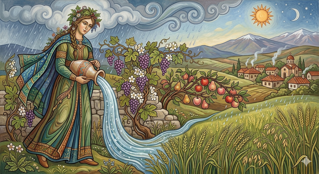 A stylized illustration of Perperia, the goddess of plants and herbs, pouring water from a jug onto a lush landscape of blossoming vines, fruit-laden trees, and ripening grain, under a sky featuring both the sun and the moon.