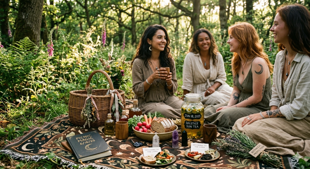 A group of four women sitting on a bohemian-style blanket in a lush forest, enjoying a picnic with sun tea, fresh bread, and radishes, reflecting an enchanted and witchy vibe.