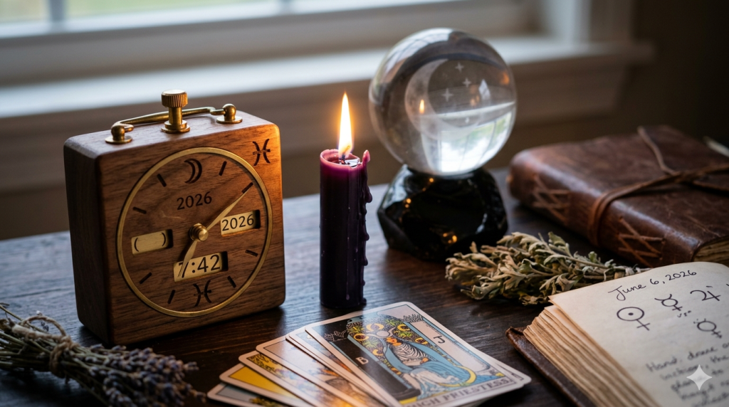 A wooden desk featuring a clock set to 7:42, a lit purple candle, a crystal ball, a tarot card showing The High Priestess, and an open journal dated June 6, 2026, creating a mystical atmosphere.
