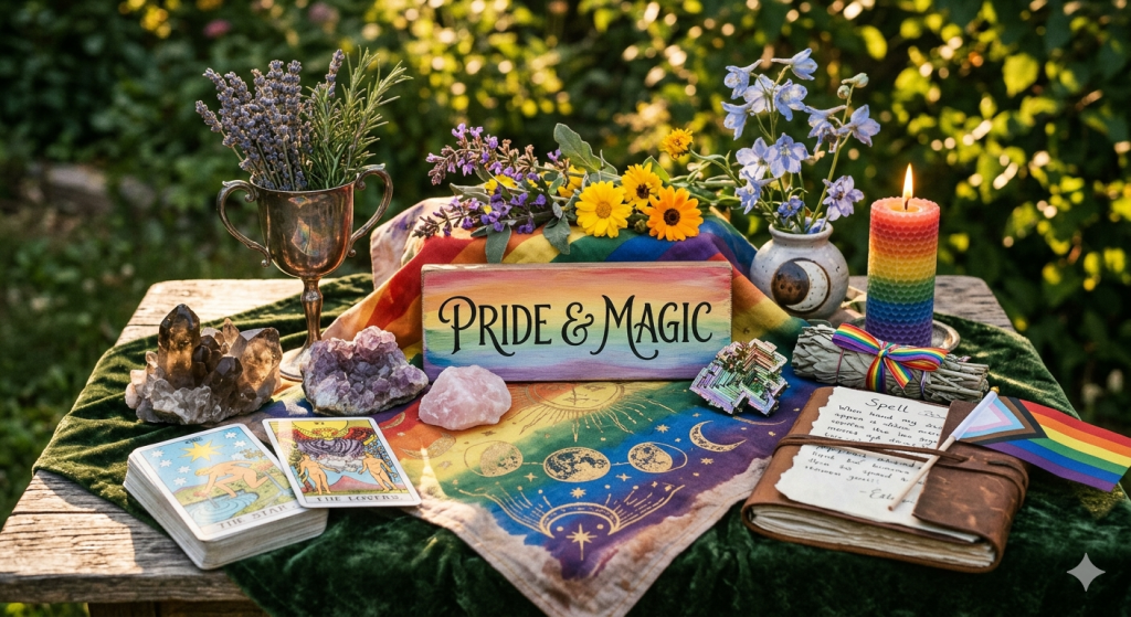 A vibrant outdoor altar featuring a sign that reads "Pride & Magic," surrounded by rainbow candles, tarot cards, crystals, a journal, and a Progress Pride flag.