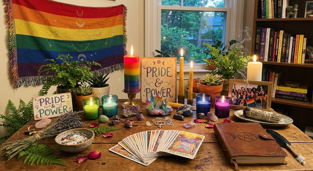 A vibrant witchy altar for Pride Month, featuring a rainbow flag backdrop, rainbow candles, tarot cards, crystals, and a "Pride & Power" sign arranged on a wooden table.