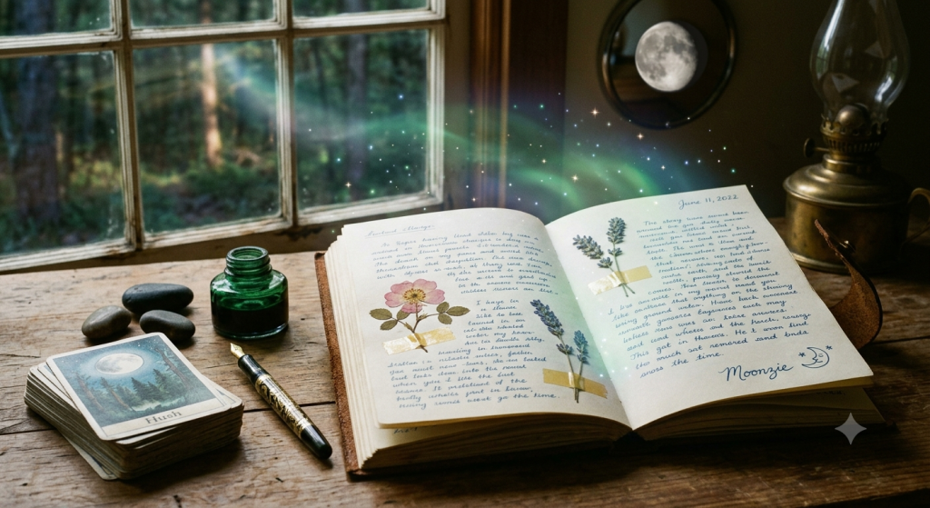 An open vintage journal resting on a wooden desk, featuring handwritten pages decorated with pressed flowers like lavender and a wild rose. Beside the journal sits a green glass inkwell, a fountain pen, and a tarot card labeled "Hush." A soft, ethereal glow emanates from the pages toward a window looking out into a forest, with a crescent moon reflected in a small wall mirror and a lamp in the background.
