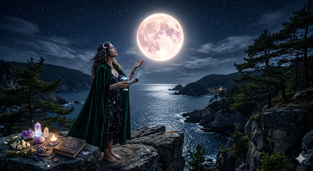 A woman in a green velvet cloak stands barefoot on a rocky cliff overlooking a dark ocean at night, holding a ritual cup under the glow of a large, luminous full moon.