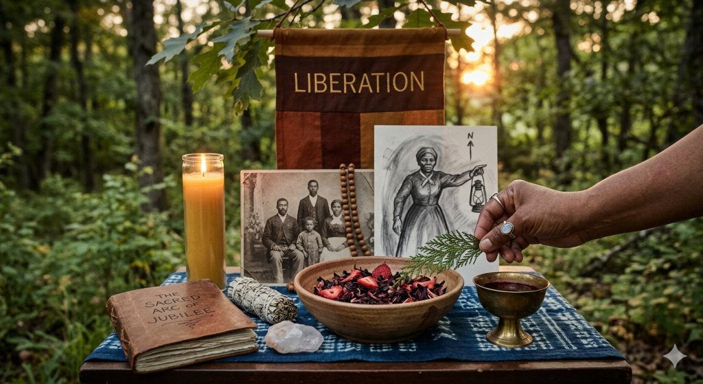 A hand placing a sprig of cedar onto a ceremonial bowl of dried hibiscus and strawberries on an outdoor altar in a forest. The altar features a lit candle, a vintage portrait of a family, a sketch of Harriet Tubman, a leather-bound book titled "The Sacred Arc of Jubilee," and a banner reading "LIBERATION."