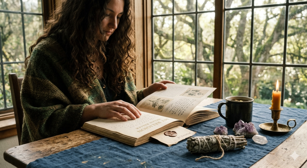 A woman with long curly hair sits at a wooden table by a window, gently running her fingers over the Braille text in an open book titled "My Religion" by Helen Keller, with crystals, a candle, and a smudge stick on the table.