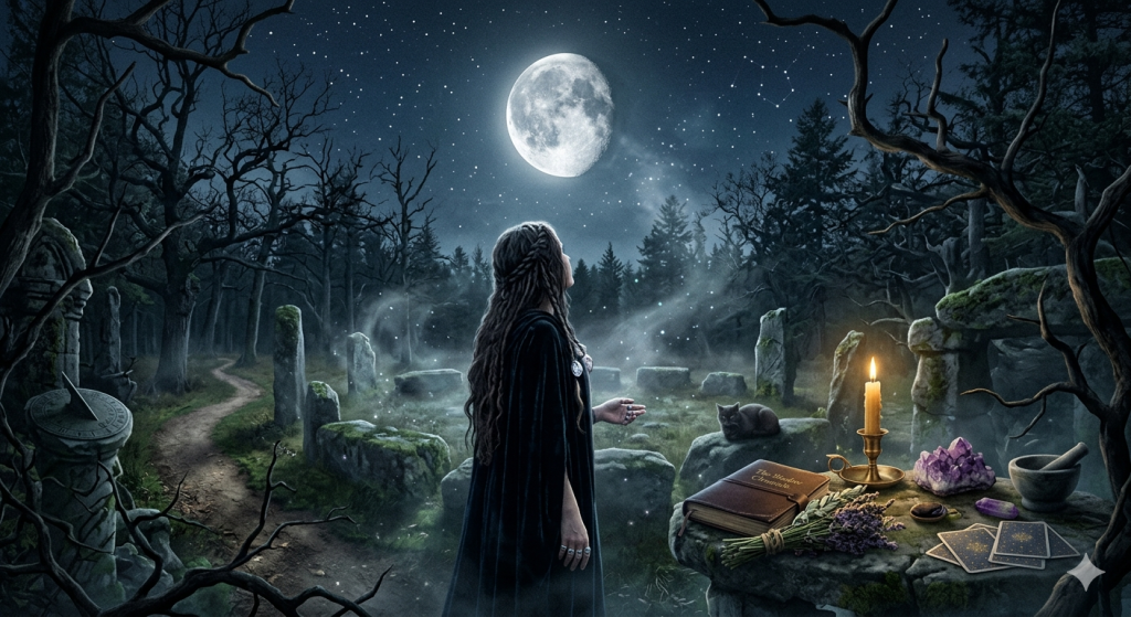 A witchy, ethereal scene at night featuring a woman in a black cloak standing in a moonlit forest clearing, looking up at a large Waning Gibbous moon. An altar sits in the foreground with a candle, crystals, a book, and tarot cards.