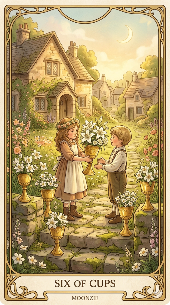 An ethereal, nostalgic depiction of the Six of Cups tarot card, capturing childhood innocence, simple joys, and a gentle return to one's roots.