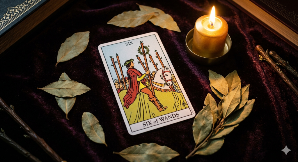 A high-contrast, overhead photograph of the Rider-Waite Six of Wands tarot card resting on a rich, dark purple velvet fabric. The card is surrounded by scattered dry laurel leaves and a single, warmly lit gold pillar candle in a small brass dish, creating a mystical, victorious atmosphere.