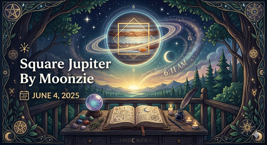 A magical illustration for June 4, 2025, featuring a planetary square aspect involving Jupiter above a forest sunrise, with a witch's desk in the foreground containing a grimoire, crystals, and candles.