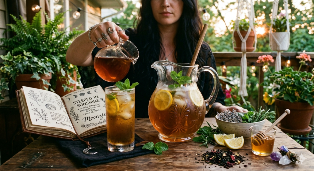 A person pouring iced tea from a glass carafe into a tall glass on an outdoor deck during sunset, with a handwritten journal open to a page titled "Steeped in Sunshine," surrounded by fresh mint, lemon slices, lavender, and honey.