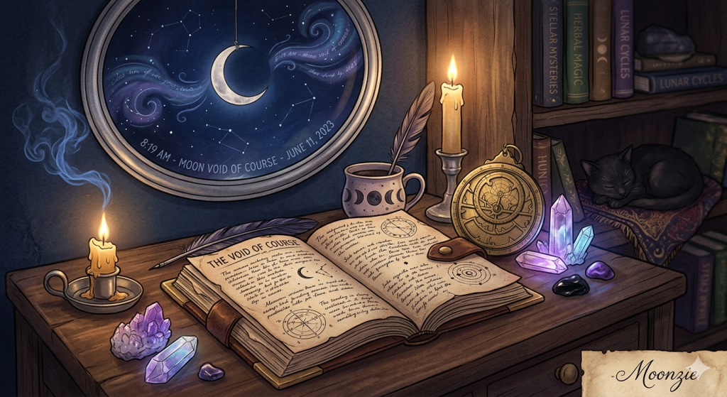 A cozy, magical workspace featuring an open book titled "THE VOID OF COURSE," a burning candle, scattered crystals, and a mystical view of the night sky through a circular window displaying the date "JUNE 11, 2023" and the text "8:19 AM - MOON VOID OF COURSE."