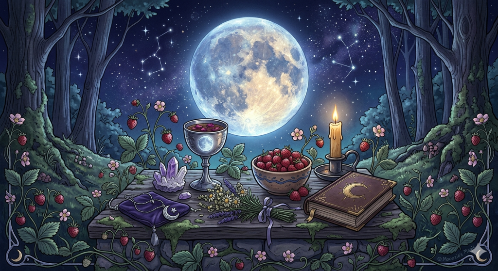 A magical outdoor altar set on a stone table in a forest at night, featuring a bowl of strawberries, a chalice, a crystal, a book of shadows, and a lit candle, all under the glow of a large, full Strawberry Moon.